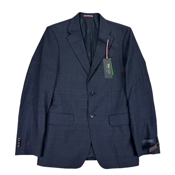 Tommy Hilfiger Mens TH Flex Modern Fit Plaid Suit Jacket Navy Blue 38R